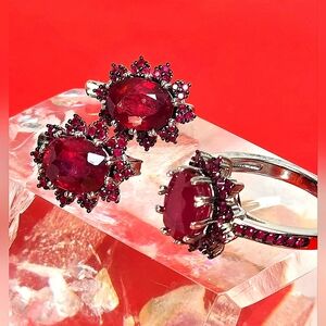 Top Quality Natural Ruby 925 Sterling Silver Set of Earrings and Ring Sz 8.75